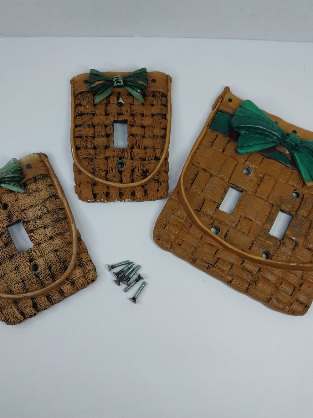 Vintage Woven Backet Green Bow Outlet Covers Cottage Farmhouse Rustic Country
